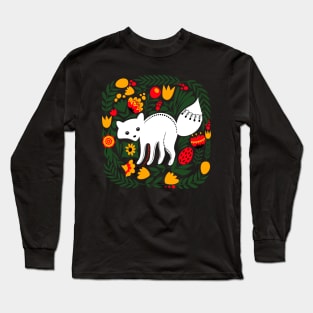 Folk Art White Fox with Bright Flowers and Leaves Long Sleeve T-Shirt